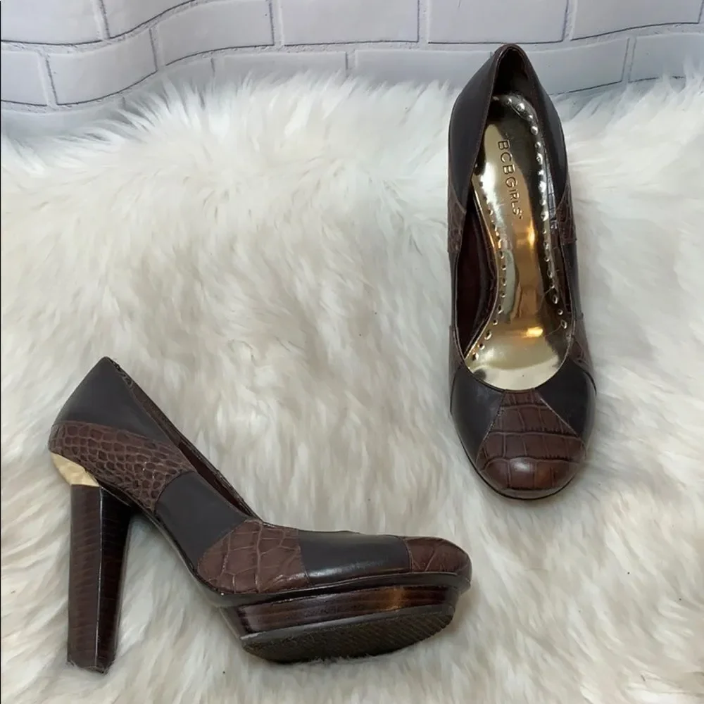 BCBGirls Brown Croc-Panel Platform Pumps